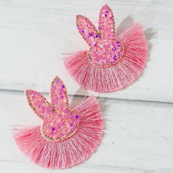 Pink Sequined Easter Bunny Fringe Earrings - Picture 7 of 7